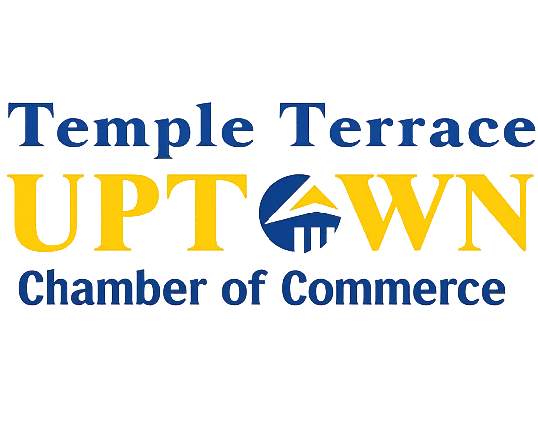 Temple Terrace Uptown Chamber of Commerce logo in blue and gold with a circular emblem between letters U and P. Scroll-like design forms a crest silhouette.