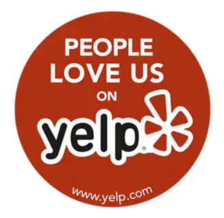 Red circular badge reading 'People Love Us on Yelp' with the Yelp logo and www.yelp.com.